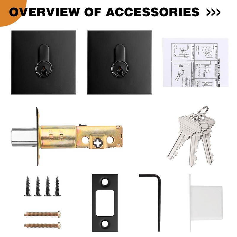 Probrico Black Double Cylinder Deadbolt,Keyed Both Side,Residential Security Square Door