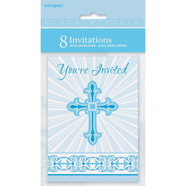 Radiant Cross Blue Religious Invitations, 8ct