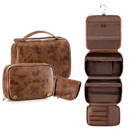 Elviros Toiletry Bag Hanging Travel Organizer for Men and Women, 3 in 1 Multifunctional Large Makeup Cosmetic Case for Toiletries Accessories, Water-Resistant PU Leather Bathroom Dopp Kit Shaving Bag