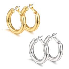 sovesi Chunky Gold Hoop Earrings for Women, 14K Real Gold Plated Thick Hoops Earrings with 925 Sterling Silver Post, Gold and Silver Hoop Earrings for Women Set 25mm