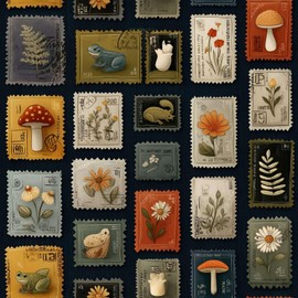 Vintage Stamp Peel and Stick Wallpaper, Botanical Postage Stamp Wallpaper