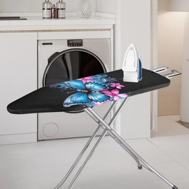 Hinthetall Blue Floral Butterfly Ironing Board Cover Scorch Resistant, Extra Thick Covers with Elastic Edge, Cord Lock, Hook and Loop Fasteners, Iron Board Cover for Standard Boards