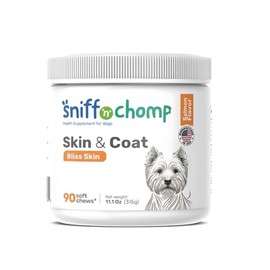 Sniff ‘n’ Chomp Skin & Coat – Omega-3, Vitamin C & Biotin Supplement for Dogs – Supports Healthy Skin & Shiny Fur – Salmon Flavor, 90 Soft Chews