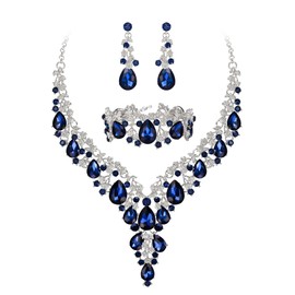 BriLove Bridal Jewellery Set for Wedding Women Crystal Teardrop Flower Cluster Statement Necklace Dangle Earrings Link Bracelet Jewelry for Party Prom Sapphire Color Silver-Tone