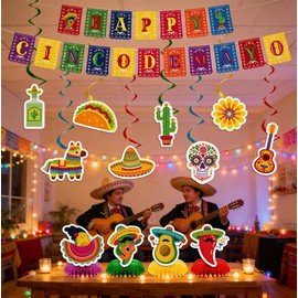 FodeMoraka Cinco de Mayo Party Decorations - 14 Pcs Happy Mexican Fiesta Supplies Favors Pre-strung Banner Hanging Swirls Honeycomb Centerpieces Wall Ceiling Decor Set for Office Home Indoor Outdoor