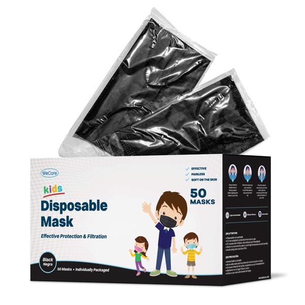 WeCare Individually Wrapped Face Masks for Kids - 50 Pack - Black