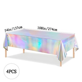 4 Pack Iridescent Tablecloth Laser Disposable Table Covers, 54"x108" Plastic Tablecloths Party Decorations for Birthday Party Wedding Baby Shower Mermaid Ocean Theme Party
