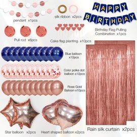 Happy Birthday Decorations for Women Happy Birthday Banner Pink Fringe Curtain Foil Confetti Balloons Butterfly Hanging Swirls Party Decorations for Girls Blue Birthday Decorations Cupcake Toppers