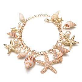 Cubahop Summer Beach Shell Starfish Waist Chain Conch Pearl Necklace Bracelet Jewellery Adjustable Jewellery for Women, Unit size, Metal, No Gemstone