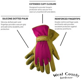 West County 074B/S Classic Gloves – Small, Berry, Gardening Gloves w/ Extended Cuff, Dotted Palm and Finger Tips, Berry/Moss