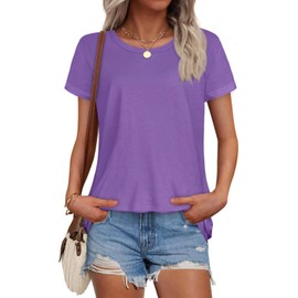 T Shirts for Women Summer Short Sleeve Crewneck Casual Cute Graphic Basic Tees Tops, Solid Purple, L