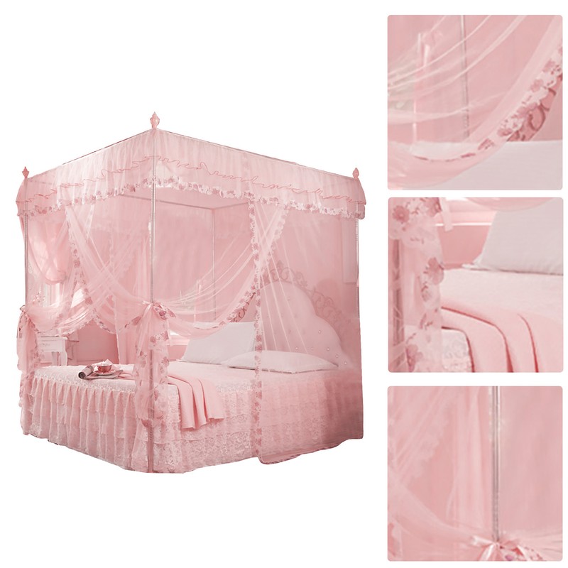 Luxury Princess 3 Side Openings Post Bed Curtain Canopy Netting