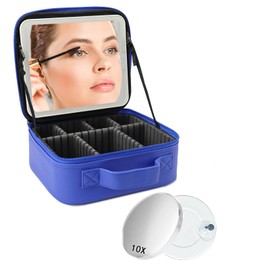 Travel Makeup Bag for Makeup Artists Large Makeup Case,with Mirror 3 Color Setting and Detachable 10x Magnifying Mirror Travel Makeup Bag,Portable Storage and Adjustable Dividers-dark blue
