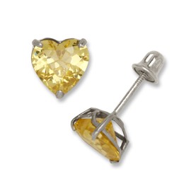 14K White Gold 6mm Yellow Heart-shaped Cubic Zircornia November Birthstone Basket-Set Solitaire Screw-back Stud Earrings (12 colors) (November)