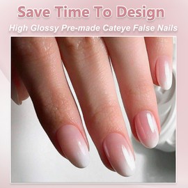 240Pcs Gradient Pink Cat Eye False Nails Kit - French Oval Press on Nails Short Set - Glossy Shiny Stick on Nails with Glue - Acrylic Full Cover Pink Cateye Fake Nails for Women Girls