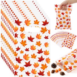 Kosiz 100 Pcs Thanksgiving Party Plastic Favor Bags Fall Treat Autumn Candy Maple Leaves Goody Bags with Handles for Thanksgiving Day Autumn Harvest Fall Party Supplies, 9.84'' x 6.5''