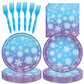 96PCS Winter Wonderland Birthday Party Decorations Blue and Purple Snowflake Plates and Napkins Forks for Christmas and More Party Serve 24 Guests