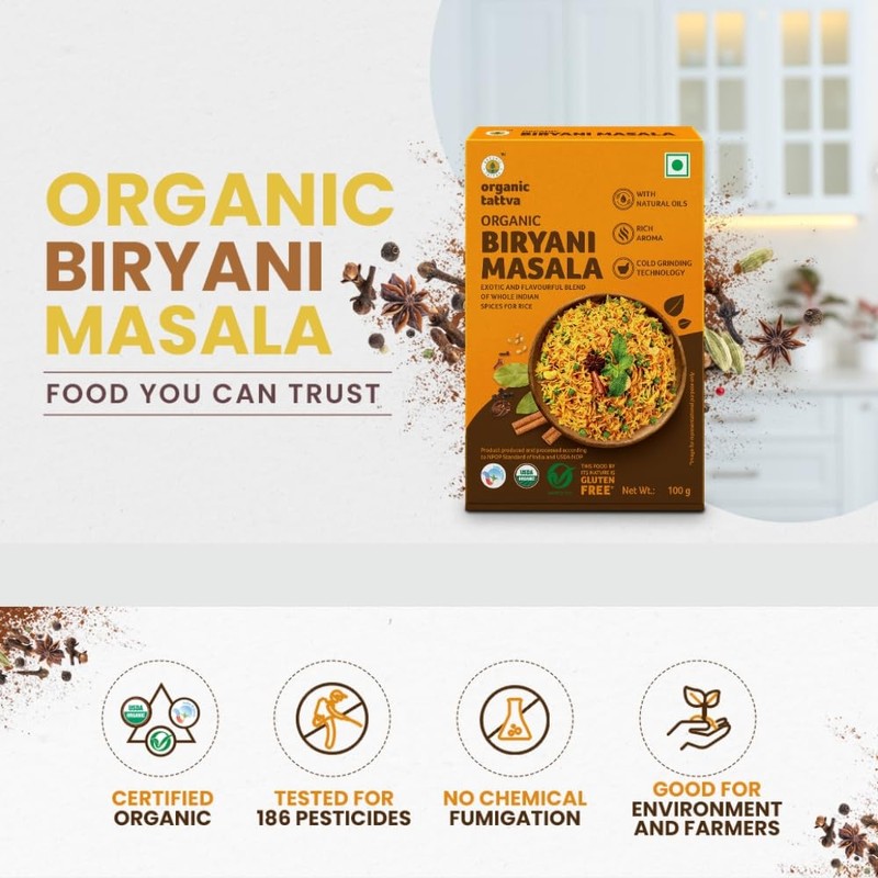 Organic Tattva Organic Blended Spices Masalas (Biryani Masala, 100)