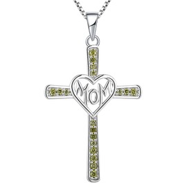 YL Mom Cross Necklace Sterling Silver Mother Pendant Created Peridot Jewelry for Women