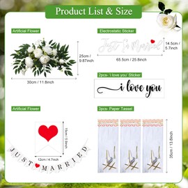 5PCS Just Married Decorations Set for Car - White Just Married Artificial Flowers Cars Wedding Banner Decor, Automotive Accessories for Honeymoon Wedding