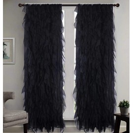 Sapphire Home Cascade Curtain Panels - Ruffled Curtains for Bedroom, Sheer Voile Panels with Vertical Ruffles, Perfect Room Decor, Lush, Pretty & Romantic, Ruffle Curtains 2 Panels, Cascade 63" Black