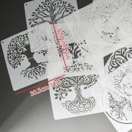 Pack of 16 Tree Stencils, Tree of Life, Natural Plants, Stencils for Crafts, Washable, Reusable, Tree of Life Stencils for Painting on Wood, Wall, Floor, Furniture, Room Decoration 15.2 x 15.2 cm