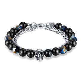 Raymard Mens Skull Beaded Bracelet, 8.3" 8MM Lapis Lazuli Black Bead Link Bracelet for Men,with Lobster Clasp
