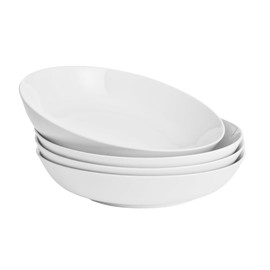 WishDeco White Pasta Bowls Set of 4, Porcelain Salad Bowls 37 oz, Wide and Shallow Serving Bowl 9 Inch, Large Pasta Plates, Serving Dishes for Soup, Dinner, Microwave and Dishwasher Safe