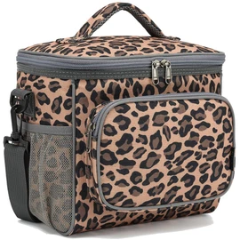FlowFly Insulated Reusable Lunch Bag Adult Large Lunch Box for Women and Men with Adjustable Shoulder Strap,Front Zipper Pocket and Dual Large Mesh Side Pockets,Leopard