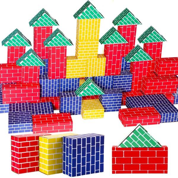 Junkin 48 Pcs Cardboard Building Blocks Extra Thick Jumbo Cardboard Blocks Pretend Brick Blocks Rectangle Square Triangle Stacking Blocks for Kid Educational Learning Play Toys, Blue Yellow Red Green