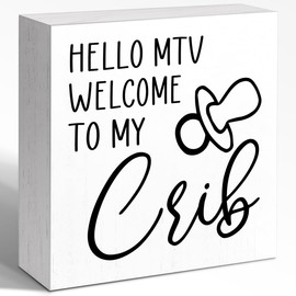 WUZYOU Baby Room Sign, Hello MTV Welcome To My Crib Wooden Box Sign 5x5x1 INCH, Nursery Wall Plaque, Funny Parenting Decor, Retro Shelf Display for Newborn