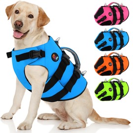 Dogcheer Dog Harness Life Jacket, High Buoyancy Neoprene Dog Life Vest for Swimming Boating, Adjustable Puppy Swim Vest Reflective Pet Float Vest for Small Medium Large Dogs - Blue, L