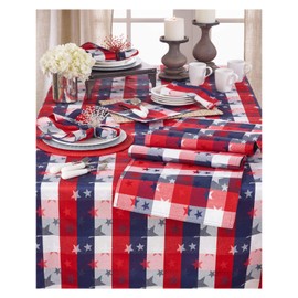 Occasion Gallery Red White and Blue Checkered with Stars Cotton/Polyester Blend Patriotic Tablecloth, 70" Square - (1 Piece).