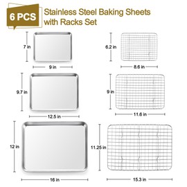 TeamFar Stainless Steel Baking Sheet with Rack Set, 16/12.5/9 Inch Cookie Sheets Baking Pans and Cooling Racks for Cooking Serving, Non-Toxic & Heavy Duty, Dishwasher Safe, 6 PCS (3 Pans + 3 Racks)