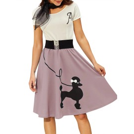 Women's Retro Poodle Print Skater Dress Vintage High Waist Rockabilly Swing Dress Chiffon for Summer Cocktail FrontColor: light Purple, Size: M