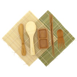 BambooMN Sushi Mat Kit - 1x Green and 1x Natural Sushi Rolling Mat, 1x Rice Paddle, 1x Spreader, 1x Chopsticks, 1x Sushi Sauce Dish, and 1x Free Spork - Deluxe Sushi Set