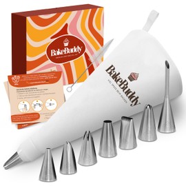 BakeBuddy Premium Icing Bag Set (11 Pieces) - 35 cm Cotton Piping Bag with Stainless Steel Nozzles for Decorating Cakes, Reusable and Dishwasher Safe, Includes Adapter and Gift Box