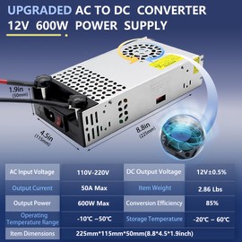 New Upgraded DIY SMPS 110V AC to DC 12V 50A 600W Power Supply Converter, 12v Power Supply,110v to 12V Voltage Transformer for Motor Pump CCTV 3D Printer Air Compressor Led (12V-50Amp-600W, 12V)