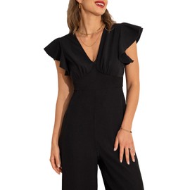 CUPSHE Women's Jumpsuit V-Neck Flutter Sleeve Jumpsuit Long Wide Leg Elegant Playsuit with Zip Summer Trouser Suit, black
