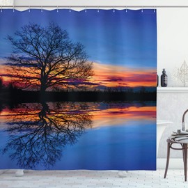 Ambesonne Panorama Shower Curtain, Tree Against Sunset View at Night with Sky Reflection Over The Lake Print, Cloth Fabric Bathroom Decor Set with Hooks, 84" Long Extra, Blue Orange