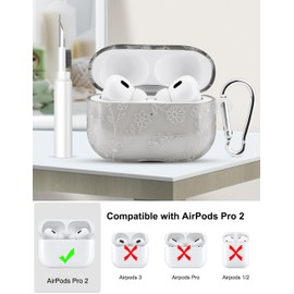 Aitipy Compatible with Airpods Pro 2 Case, Cute White Floral Aesthetic Design with Carabiner, Soft TPU Skin Anti-Scratch ShockPro 2of Pro 2tective Cover for Women Girls