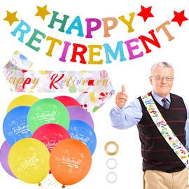 SOSPIRO Happy Retirement Decorations-18pcs 12inch Balloons,1pc Happy Retirement Bunting Banner, 2pc Sash for Party Supplies