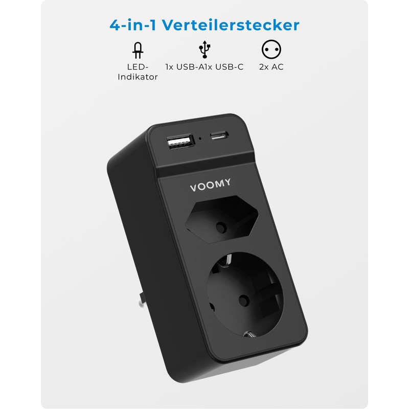 VOOMY Double Plug for Socket, 4-in-1 Multiple Plug for Socket,