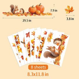 8sheets Fall Window Clings for Glass Windows Fall Leaves Tree Pumpkins Woodland Animals Double-Sided Autumn Window Cling Decals for Classroom Office