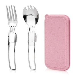 Linkidea Klappbesteck aus Edelstahl mit Aufbewahrungsbox, wiederverwendbares Gabel- und Göffel-Set, leichtes Reisegeschirr-Zubehör, passend für den Campinggebrauch (Rosa)