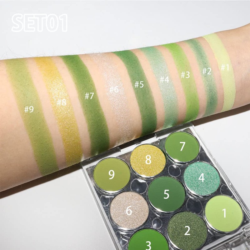 9-Color Shimmer & Matte Green Eyeshadow Palette – Highly Pigmented