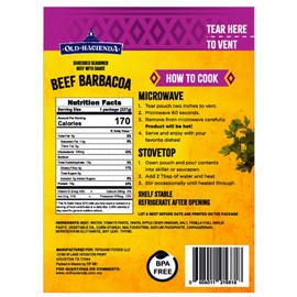 Old Hacienda Beef Barbacoa, | 100% Shredded Seasoned Beef with Sauce | Fully Cooked & Ready to Eat | 18g Protein | No Preservatives, Artificial Flavors or Colors | BPA Free Pouch | Pack of 6 - 8 oz