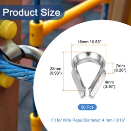 sourcing map Rope Thimble 3/16"(4mm) Diameter M4 Stainless Steel Wire Rope Cable Thimble for Towing Rigging, Pack of 50