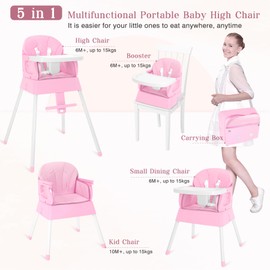5 in 1 Foldable Baby High Chair,Convertible Highchair for Babies and Toddlers-Portable Infant Booster Seat,Carry Small Box,Dining Chair,Toddler High Chair with 5-Point Harness,Removable Tray-Pink