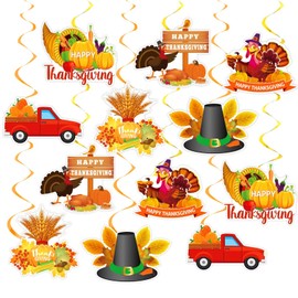 Qpout 36pcs Thanksgiving Decorations Hanging Swirl, Autumn Thanksgiving Swirls Fall Hanging Decor, Thanksgiving Hanging Decorations for Home Office Classroom, Turkey Pumpkin Maple Leaves